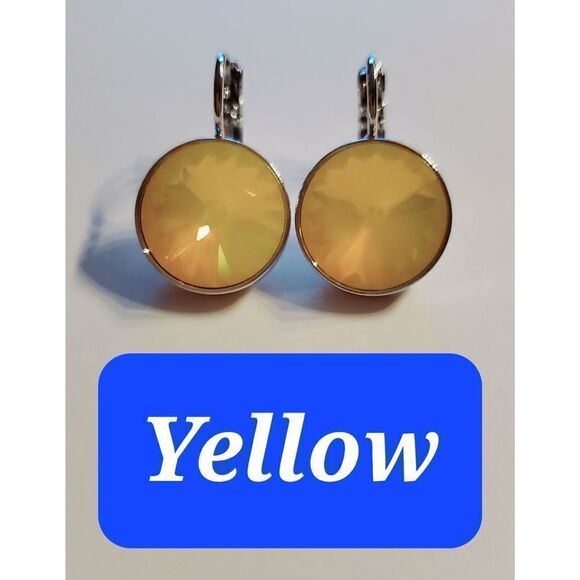 Swarovski Element Earrings Round NEW! Yellow Rare color. 15mm. Leverback. Simple - Picture 1 of 4